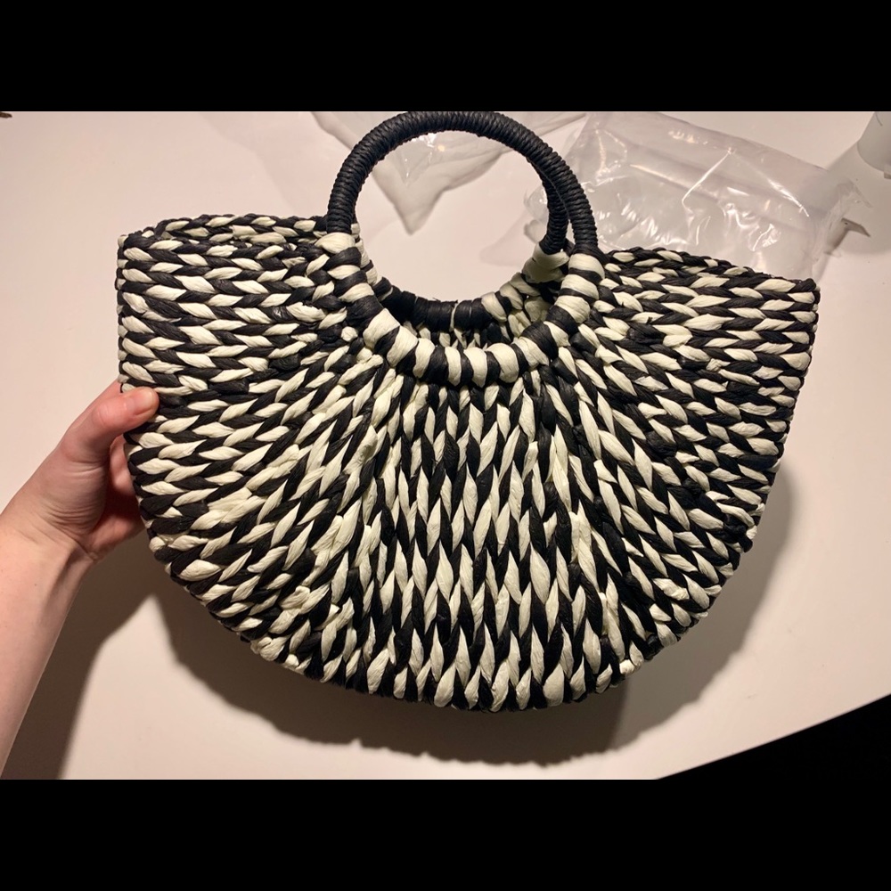 Woven Natural Straw Braided Tote Bag Black/white